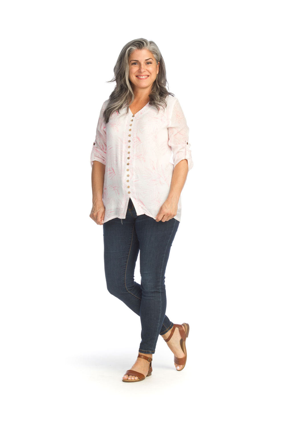 pink Fern Print Crinkled Layered Tab Sleeve Blouse