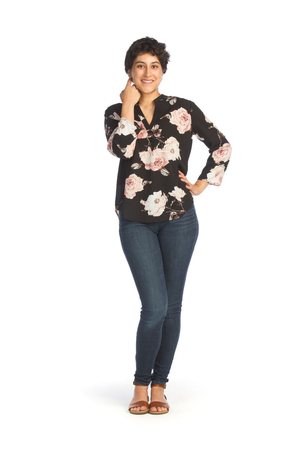 BLACK Crepe Rose Floral Tab Sleeve Blouse
