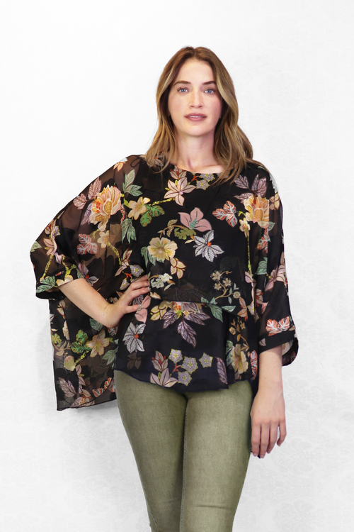 Black Floral Satin Look Layered Blouse