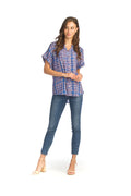 BLUE Plaid Short Sleeve Button Front Top