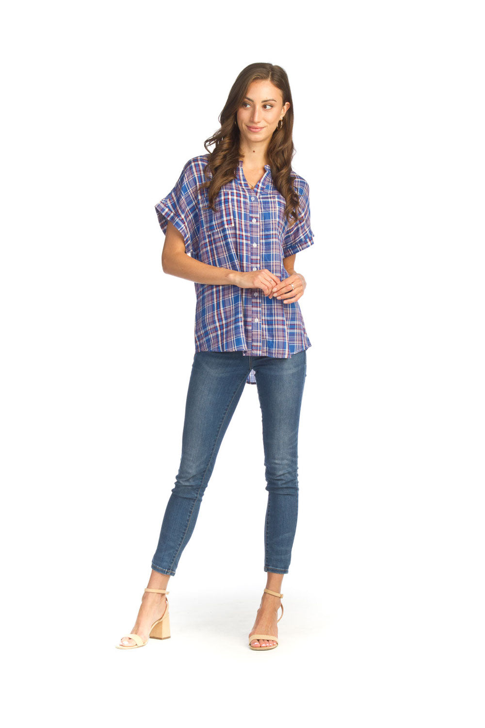BLUE Plaid Short Sleeve Button Front Top