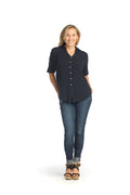 NAVY Double Gauge S/S Collared Button Front Blouse
