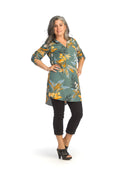 GREEN Floral Front Zip Tunic with Tab Sleeves
