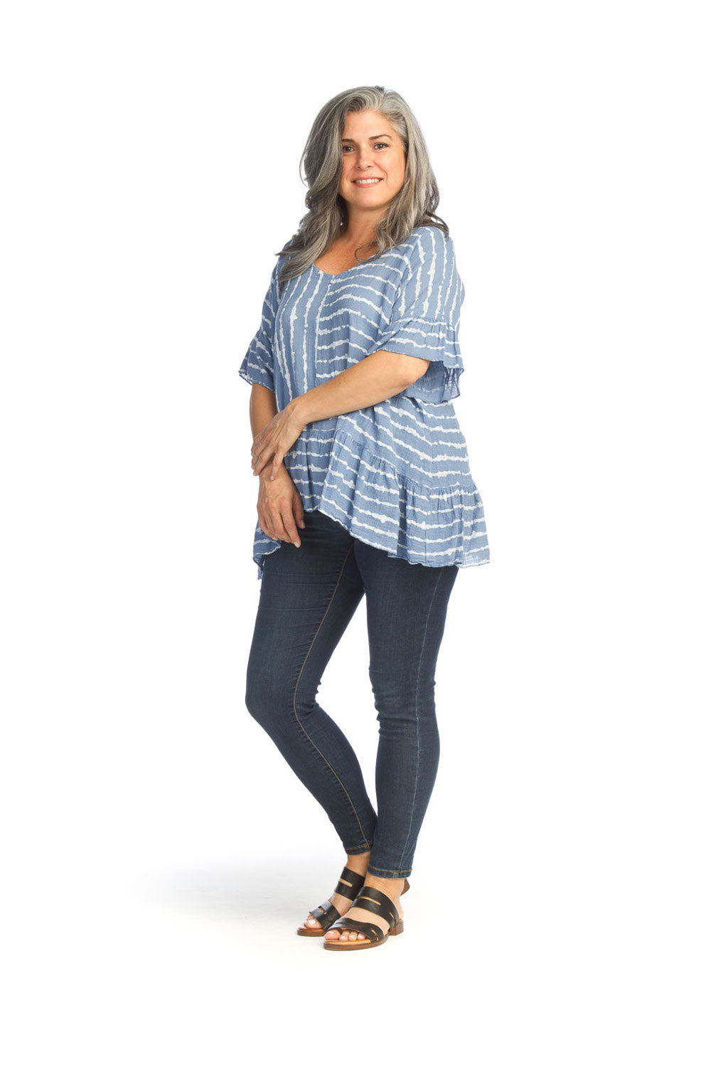 DENIM Cotton Blouse w Contrasting Stripes & Ruffle Hem