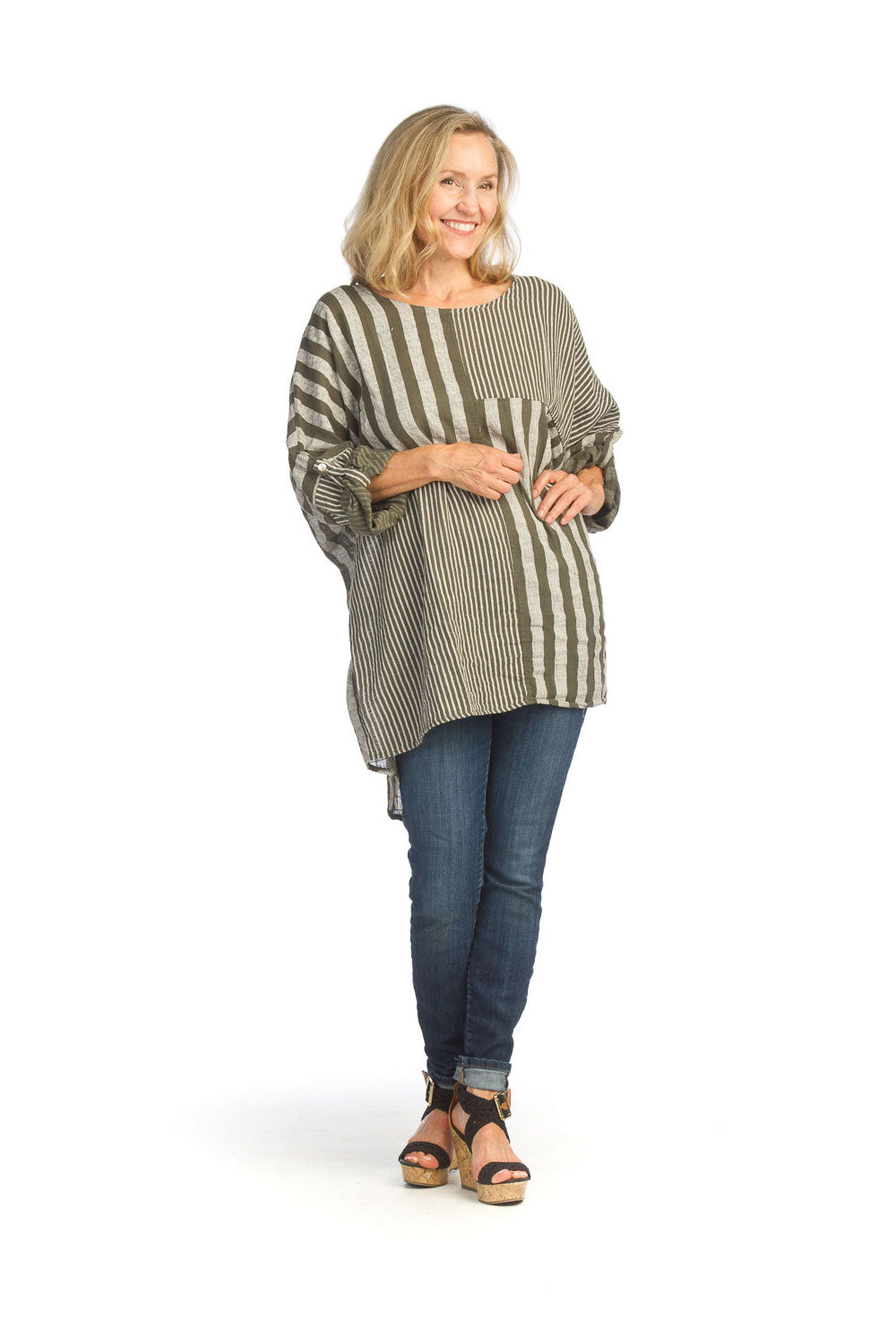 KHAKI Contrast Striped Oversized Top with Tab Sleeves