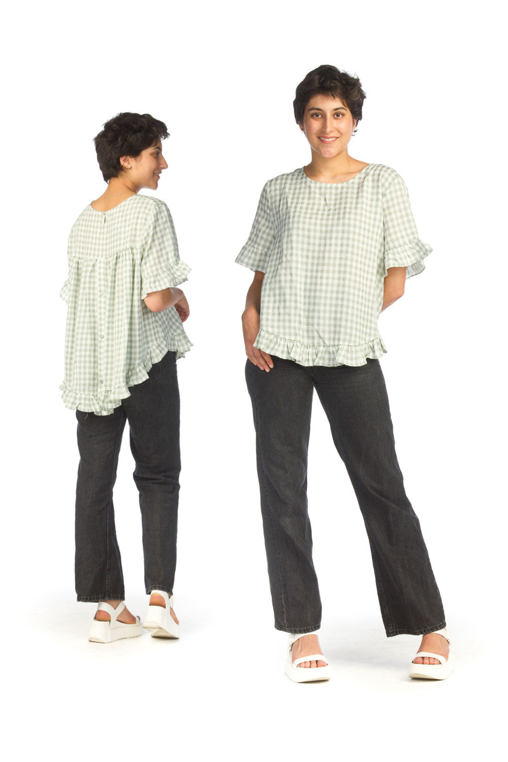 SAGE Gigham Short Sleeve Top with Ruffle Trim