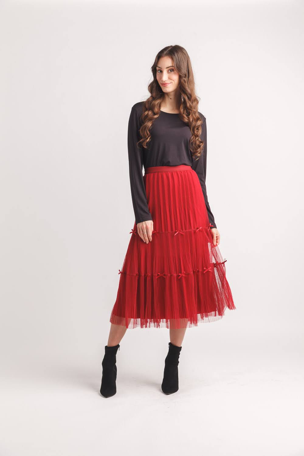 Tiered Pleated Reversible Tulle Skirt with Bow Details