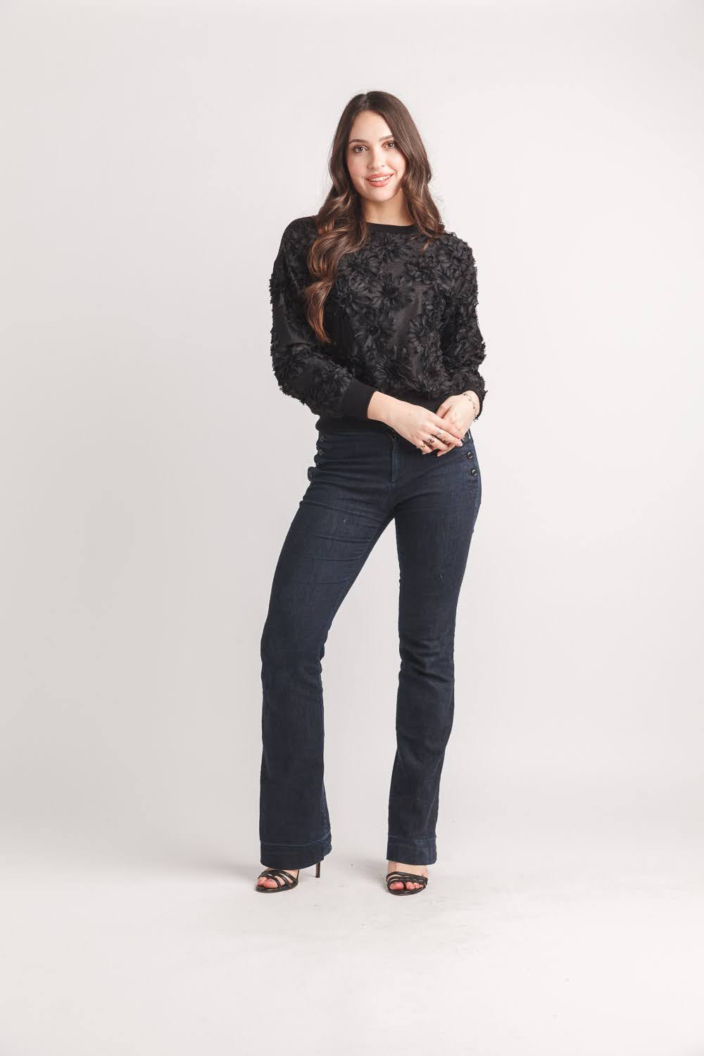 3D floral Knit Sweater with Rib Trim