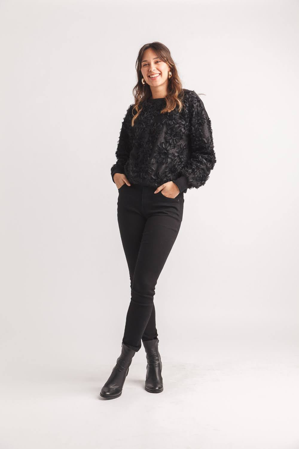 3D floral Knit Sweater with Rib Trim