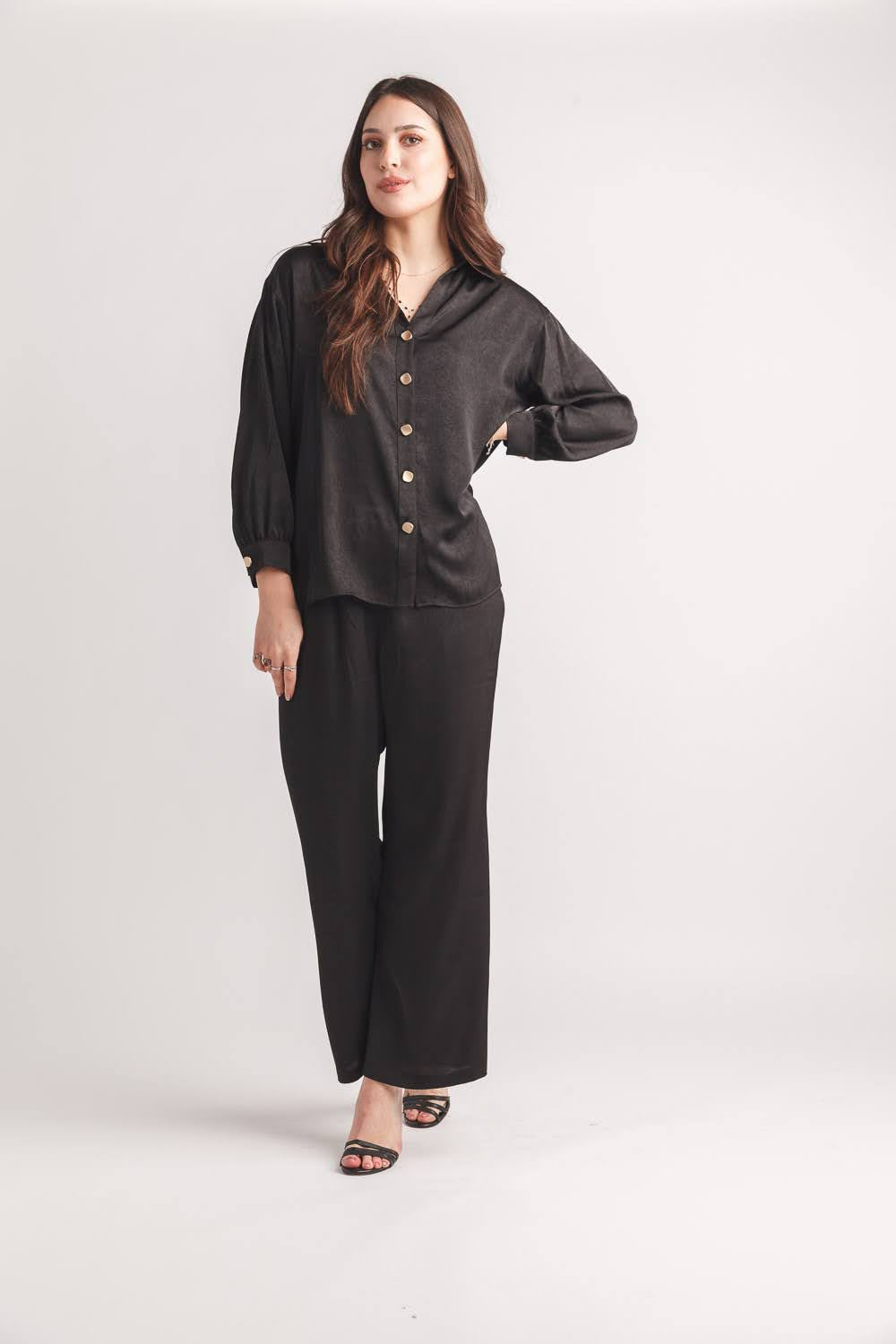 Satin Wide Leg Pant with Elastic Waist and Pockets