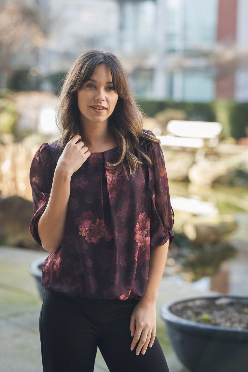 Floral Satin Burnout Bubble Hem Blouse