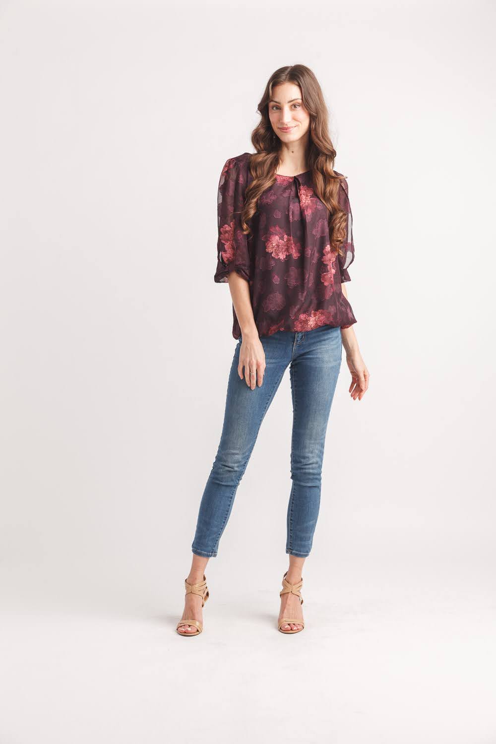 Floral Satin Burnout Bubble Hem Blouse