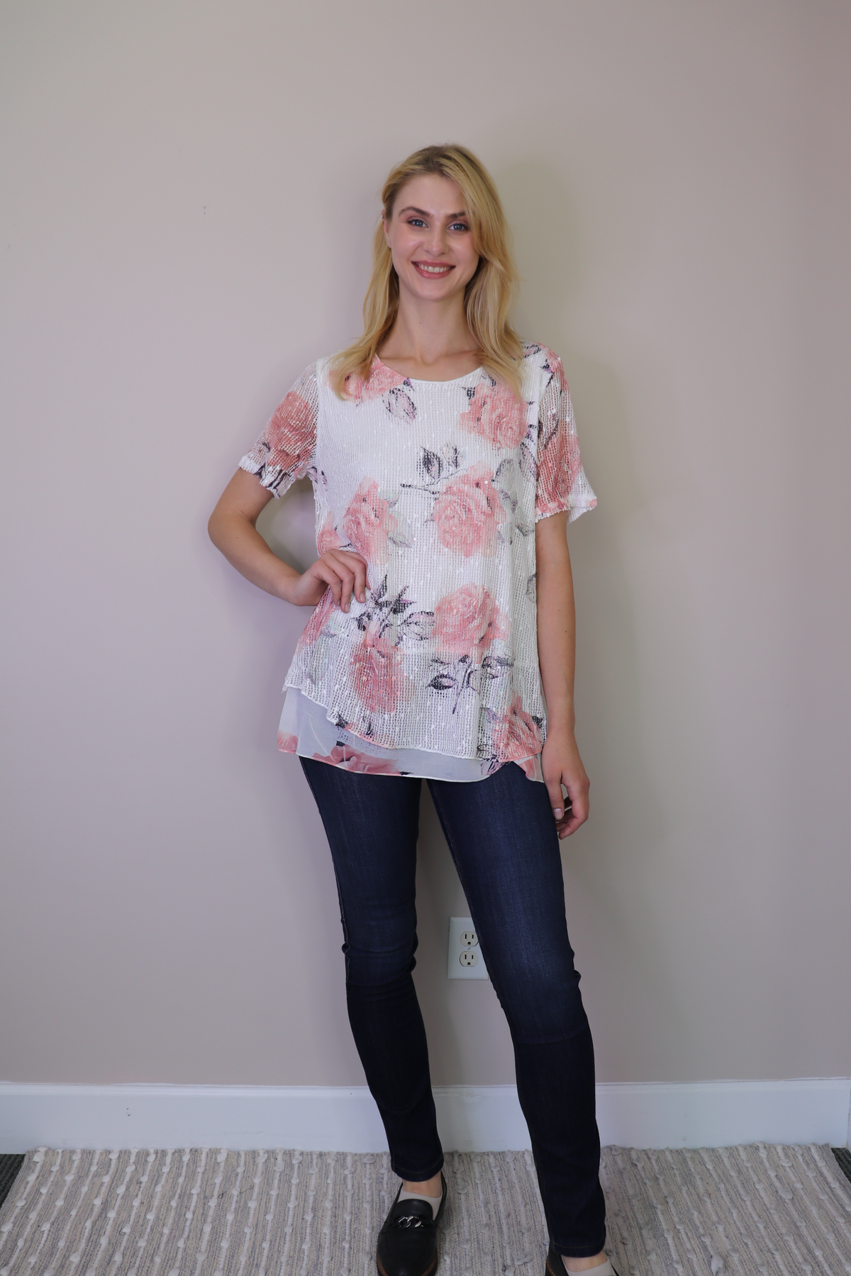 Floral Mesh Sequin Layered Short Sleeve Top