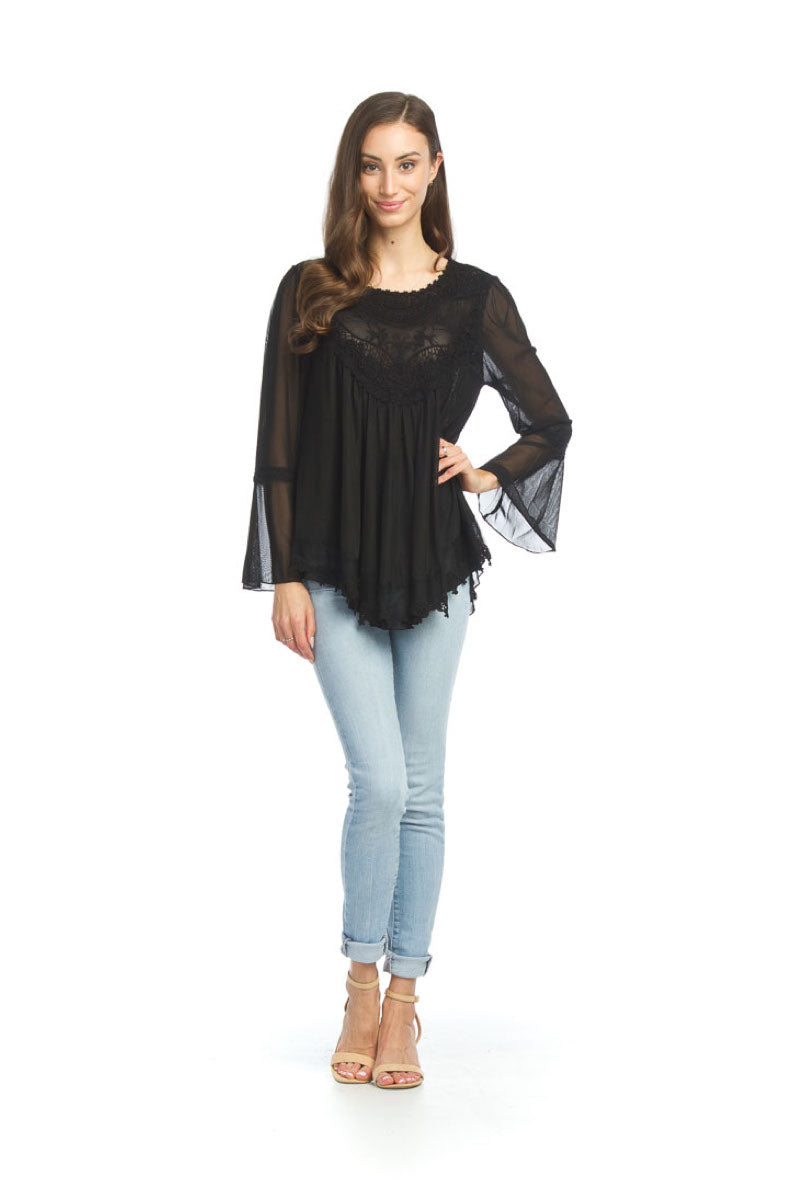 Black Stretch Blouse w Lace Yoke & Back Button Detail
