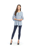 Dark Blue Denim Flowy Smock Style Blouse with Lace Detail & Lurex