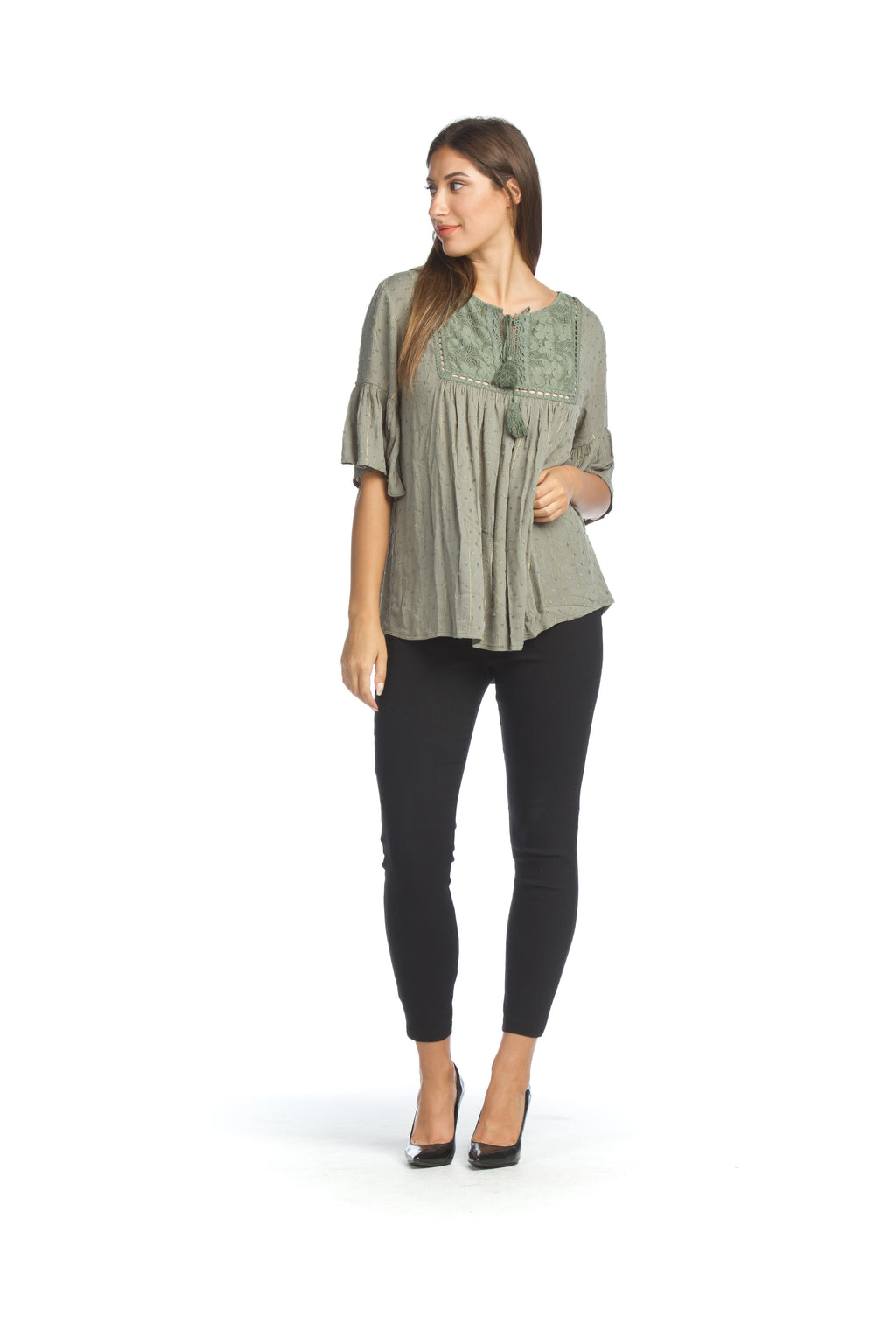 Sage Flowy Smock Style Blouse with Lace Detail & Lurex