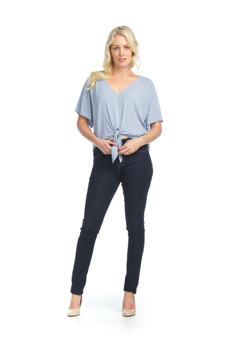 Dark Blue Denim Crinkle Swiss Dot Tufted Tie Top