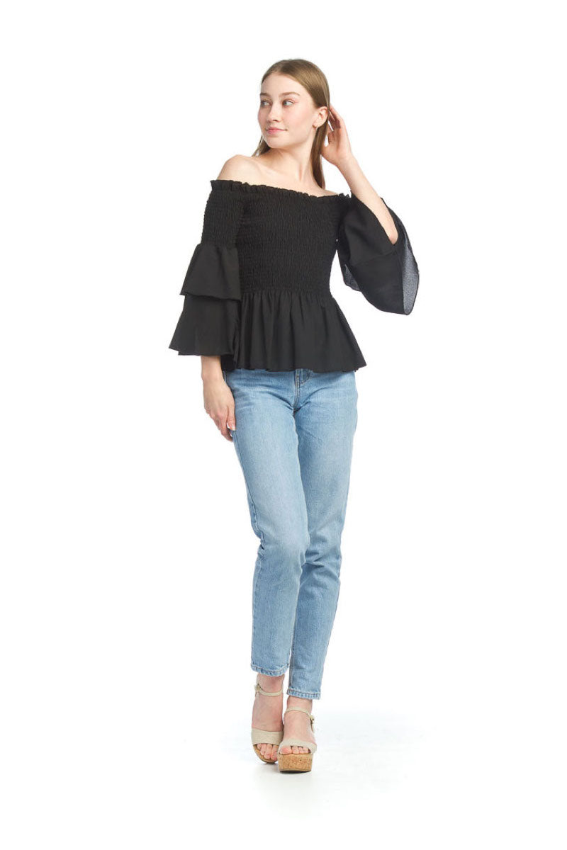 Black Smocked OTS Blouse with Layered Bell Sleeves
