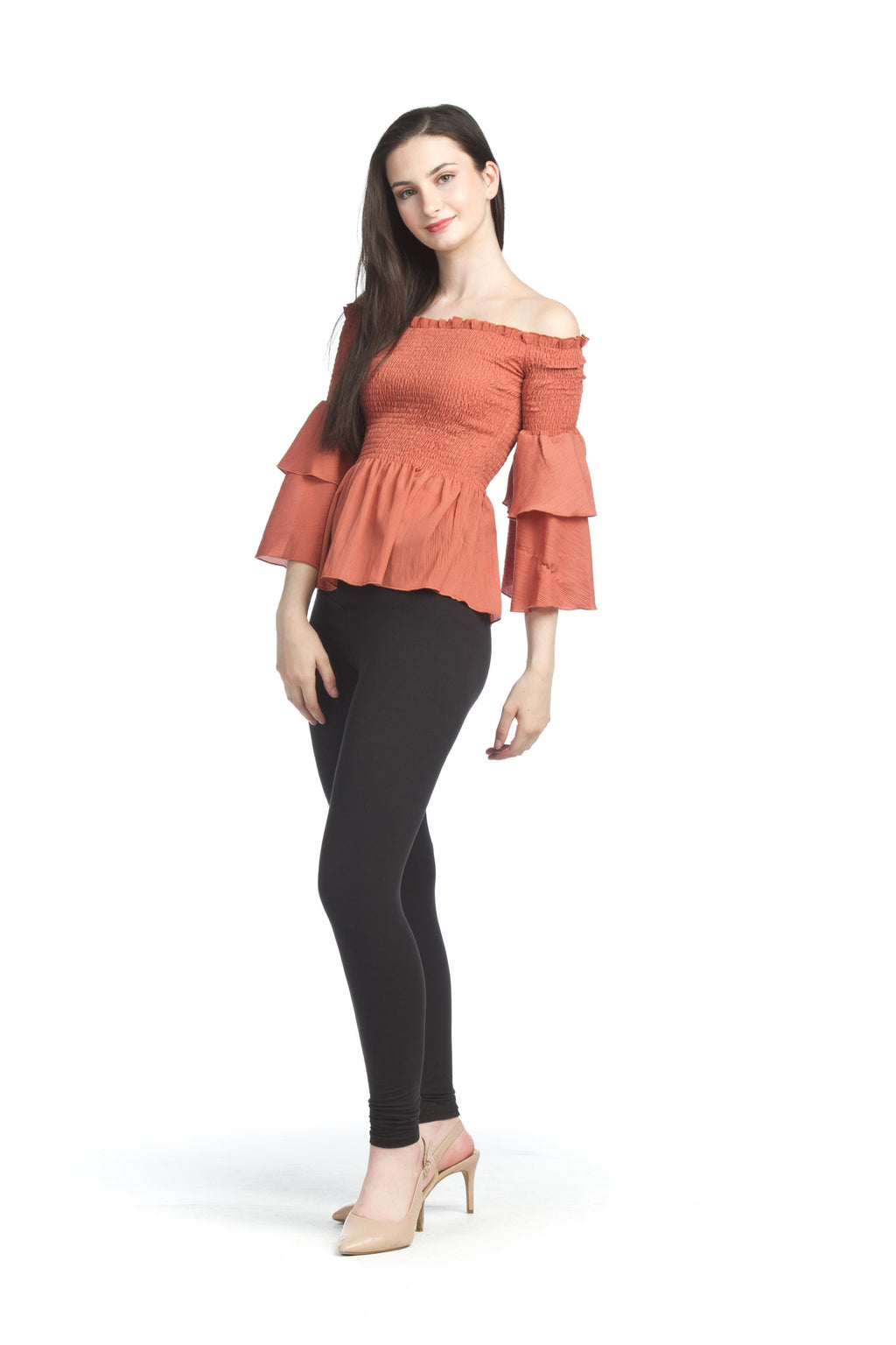 rust Smocked OTS Blouse with Layered Bell Sleeves
