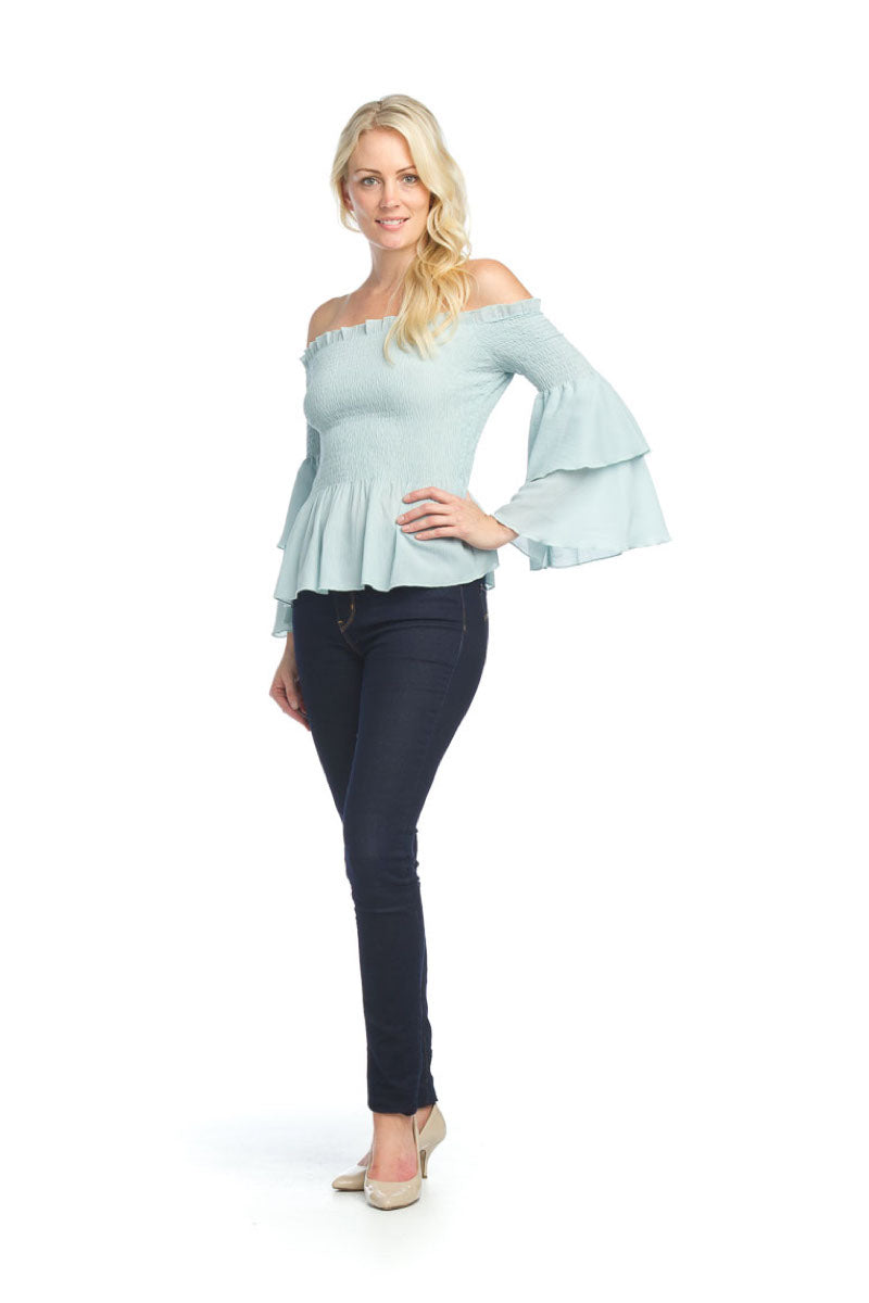 seafoam Smocked OTS Blouse with Layered Bell Sleeves
