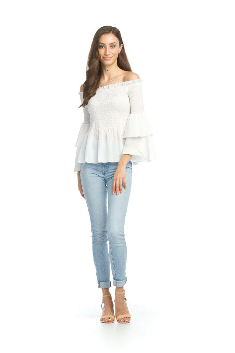 WHITE Smocked OTS Blouse with Layered Bell Sleeves