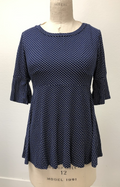 Navy Dotted Stretch Blouse with Ruffle Sleeves