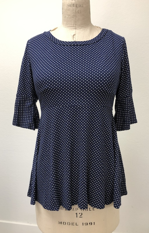Navy Dotted Stretch Blouse with Ruffle Sleeves