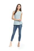 Blue Stretch Peplum Style Blouse with Mock Neck