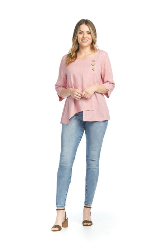 BLUSH Linen Blend Crossover Top with Button Detail