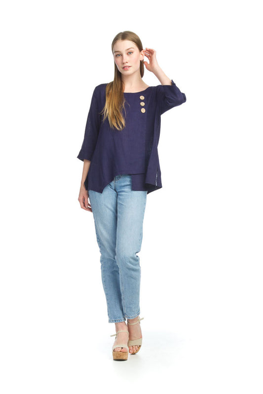 NAVY Linen Blend Crossover Top with Button Detail