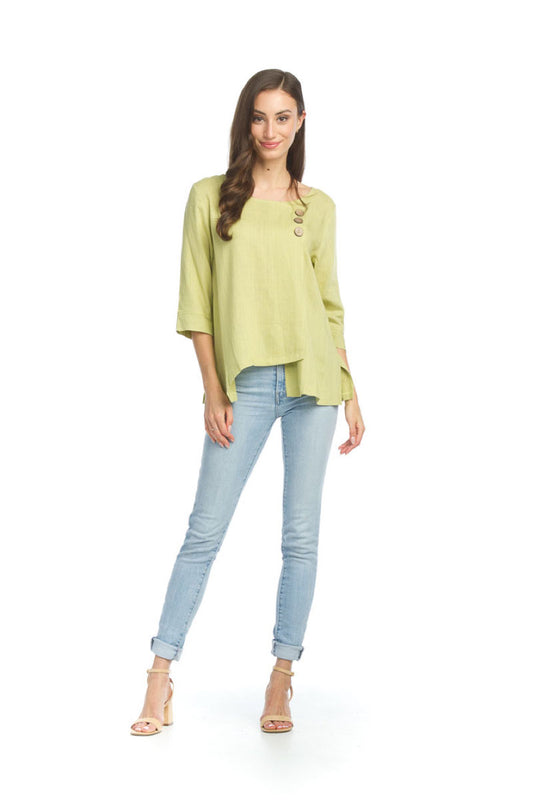 GREEN Linen Blend Crossover Top with Button Detail