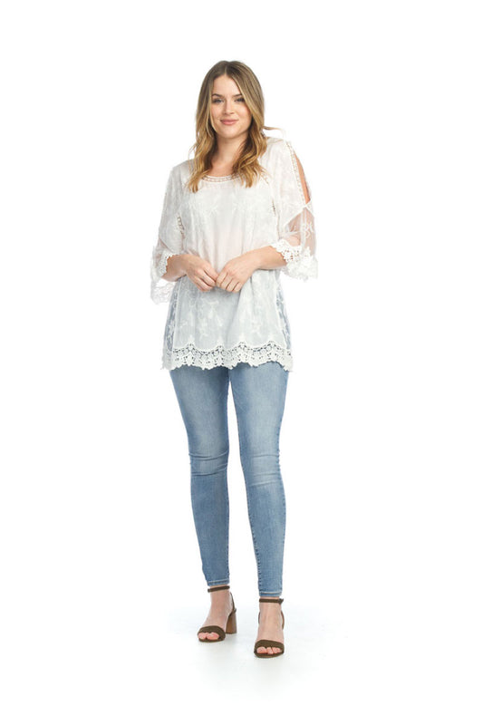 WHITE Crochet Cotton Blouse with Floral Embroidery