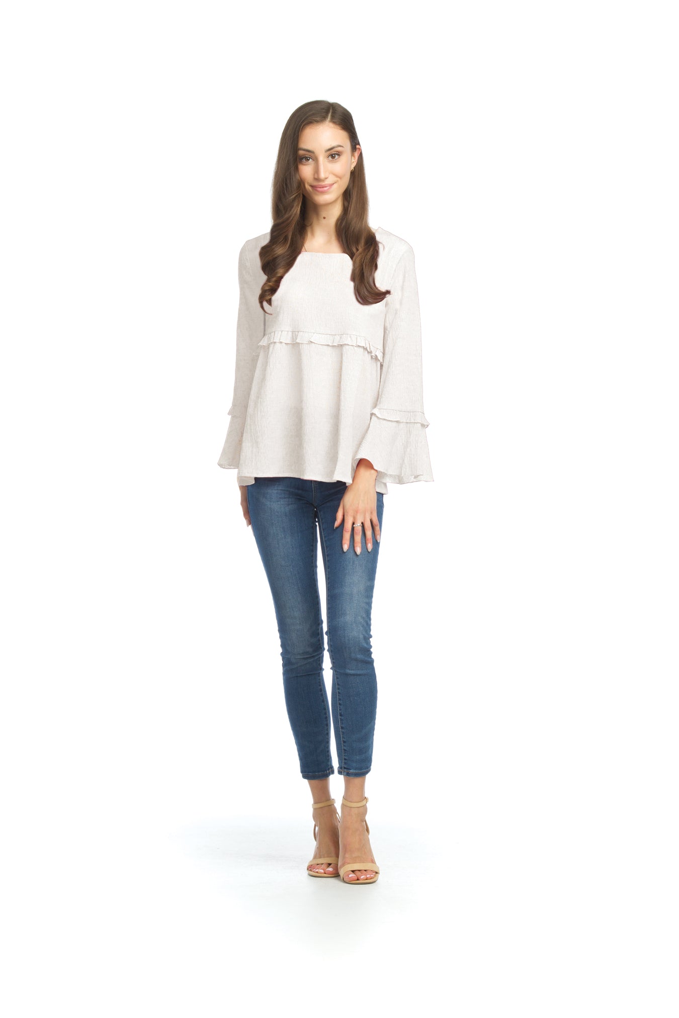 WHITE Crinkle Stretch Blouse with Bell Sleeves