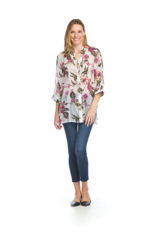 WHITE Floral Watercolor Pintuck Blouse