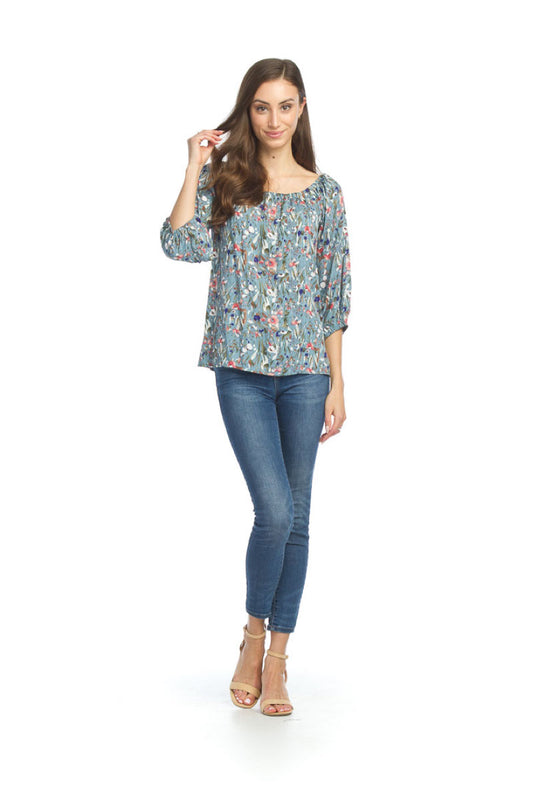 BLUE Abstract Floral OTS Blouse with Puff Sleeves