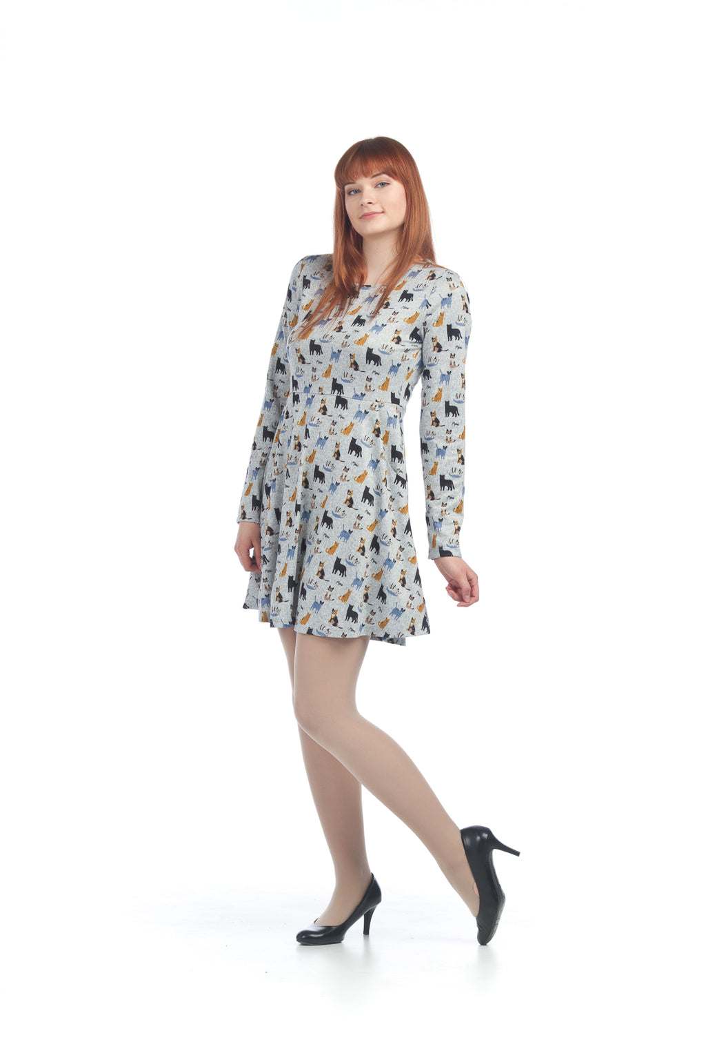 GREY Cat Print Sweater Dress