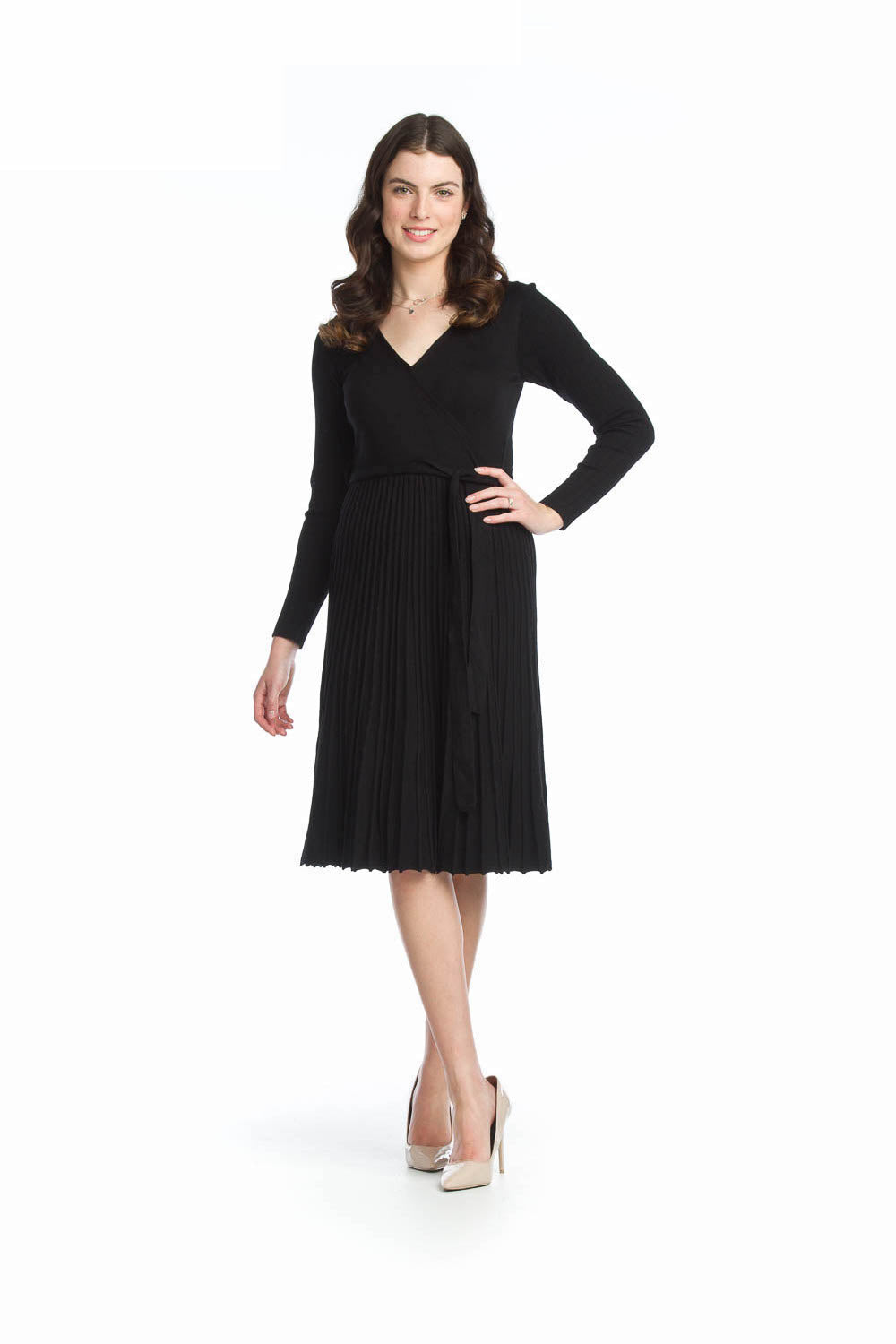 BLACK Wrap Top Sweater Dress with Ribbed Skirt