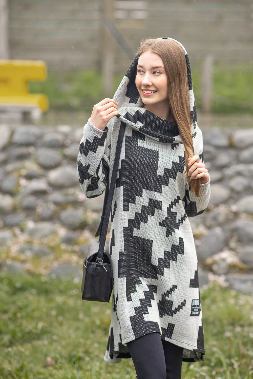 BLKWH Oversized Houndstooth Cotton Dress with Pockets