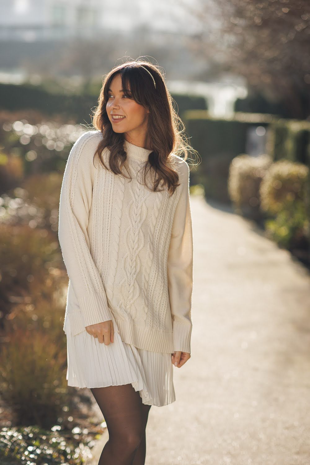 Cable Knit Sweater Dress with Pleated Fooler Hem
