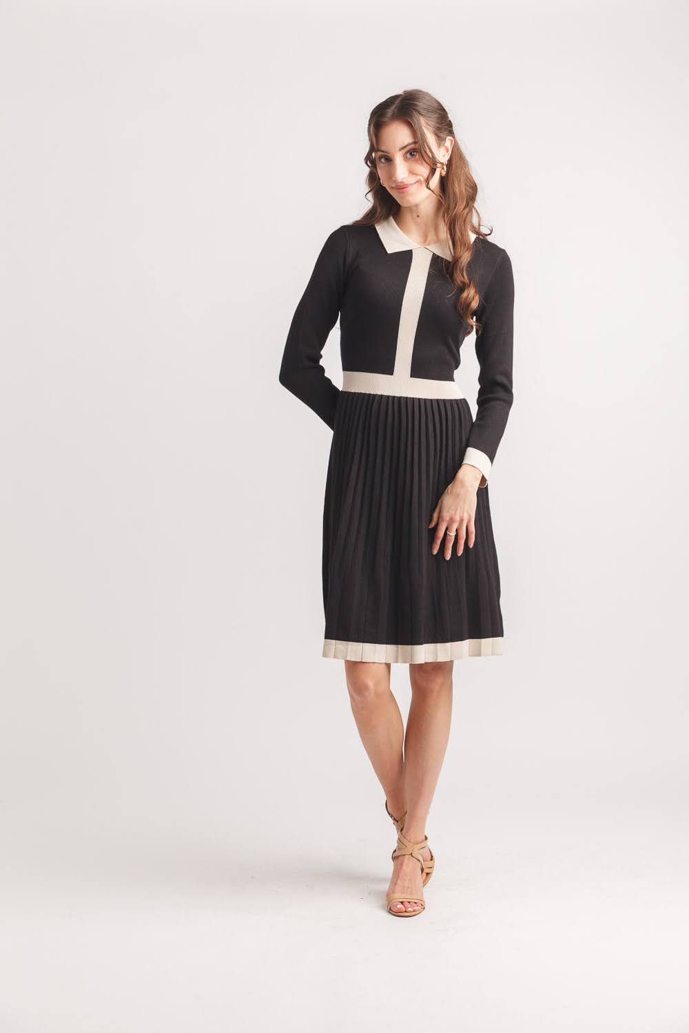 Collared Knit Dress with Pleated Skirt