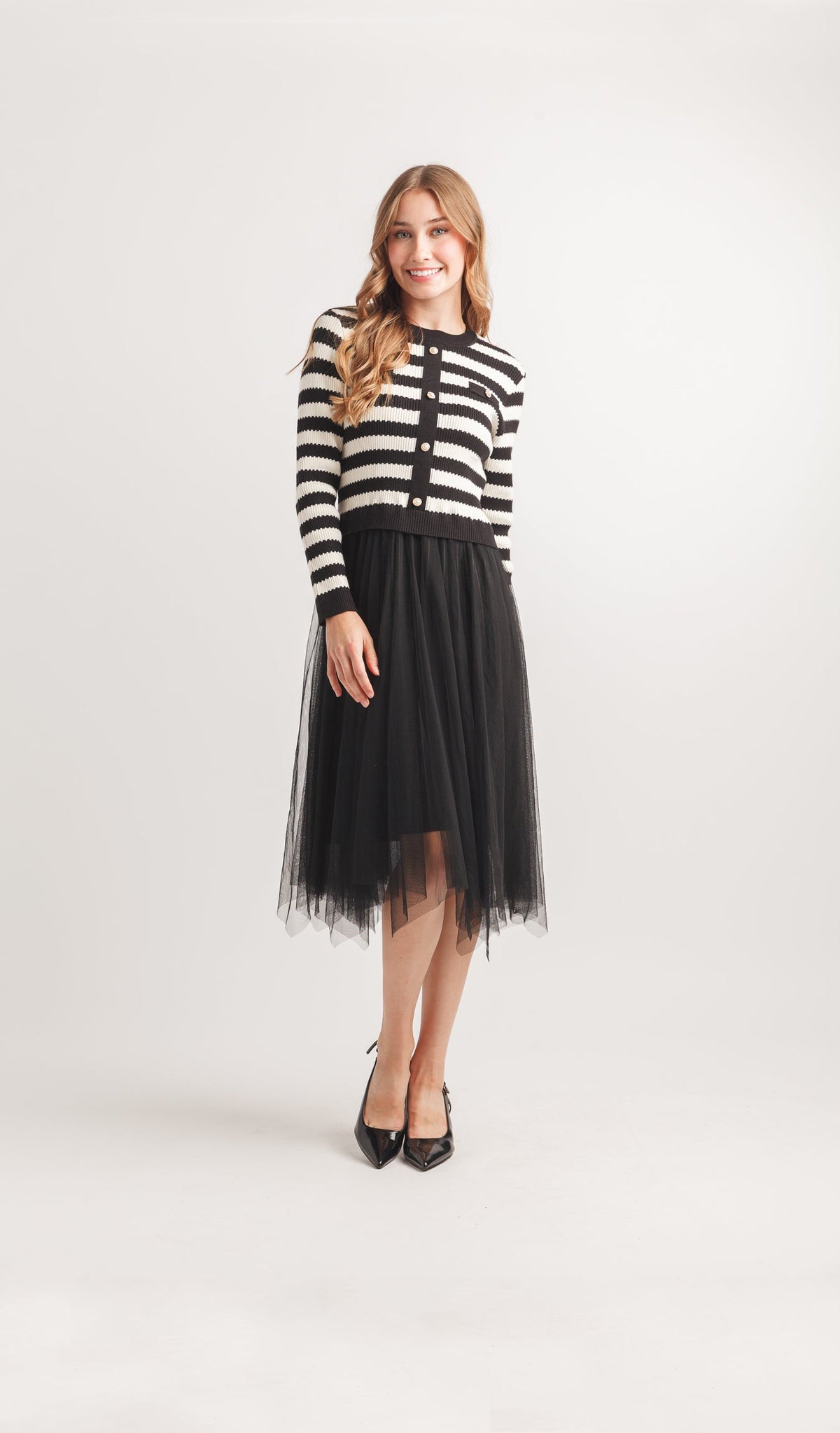 Striped Knit Twofer Dress with Tulle Skirt