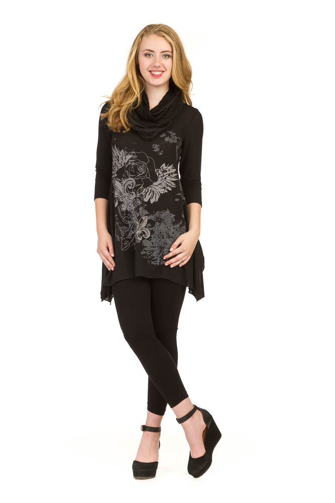 BLACK Flower print 3/4 sleeve w textured infinity scarf