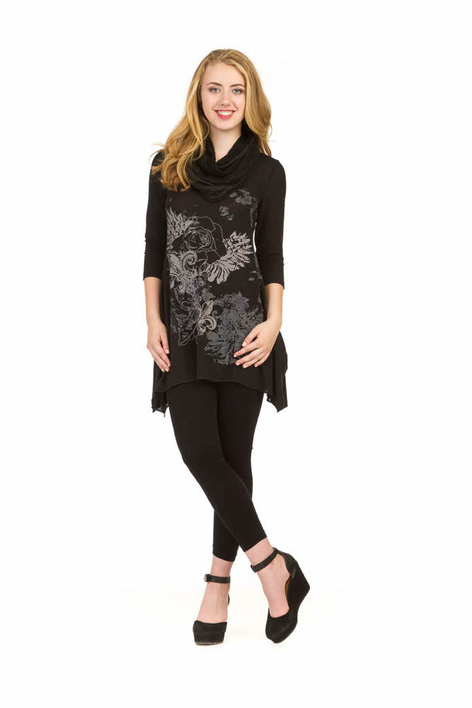 BLACK Flower print 3/4 sleeve w textured infinity scarf