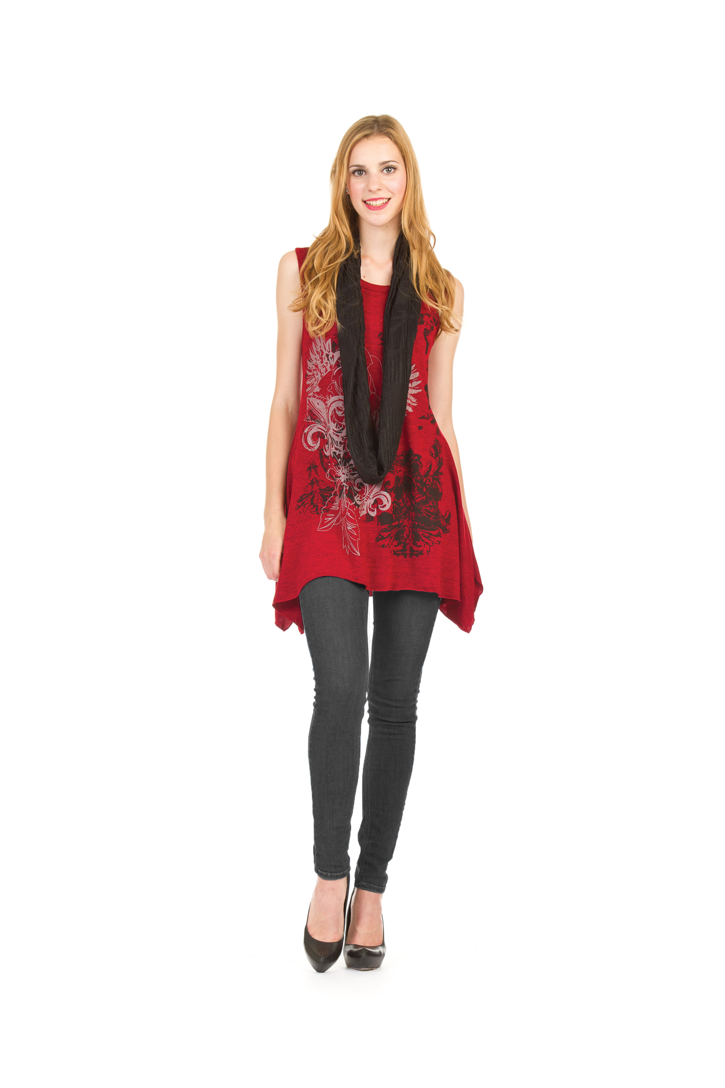 RED Place print angle hem w textured infinity scarf
