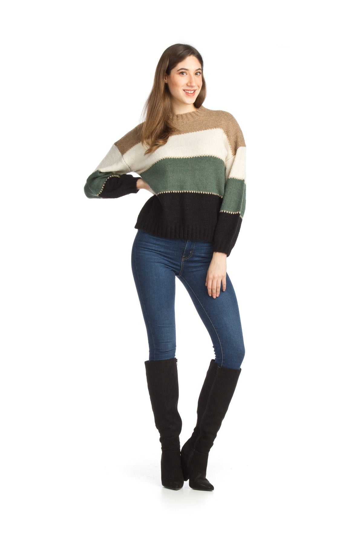 Striped Color Blocked Sweater W Baloon Sleeves