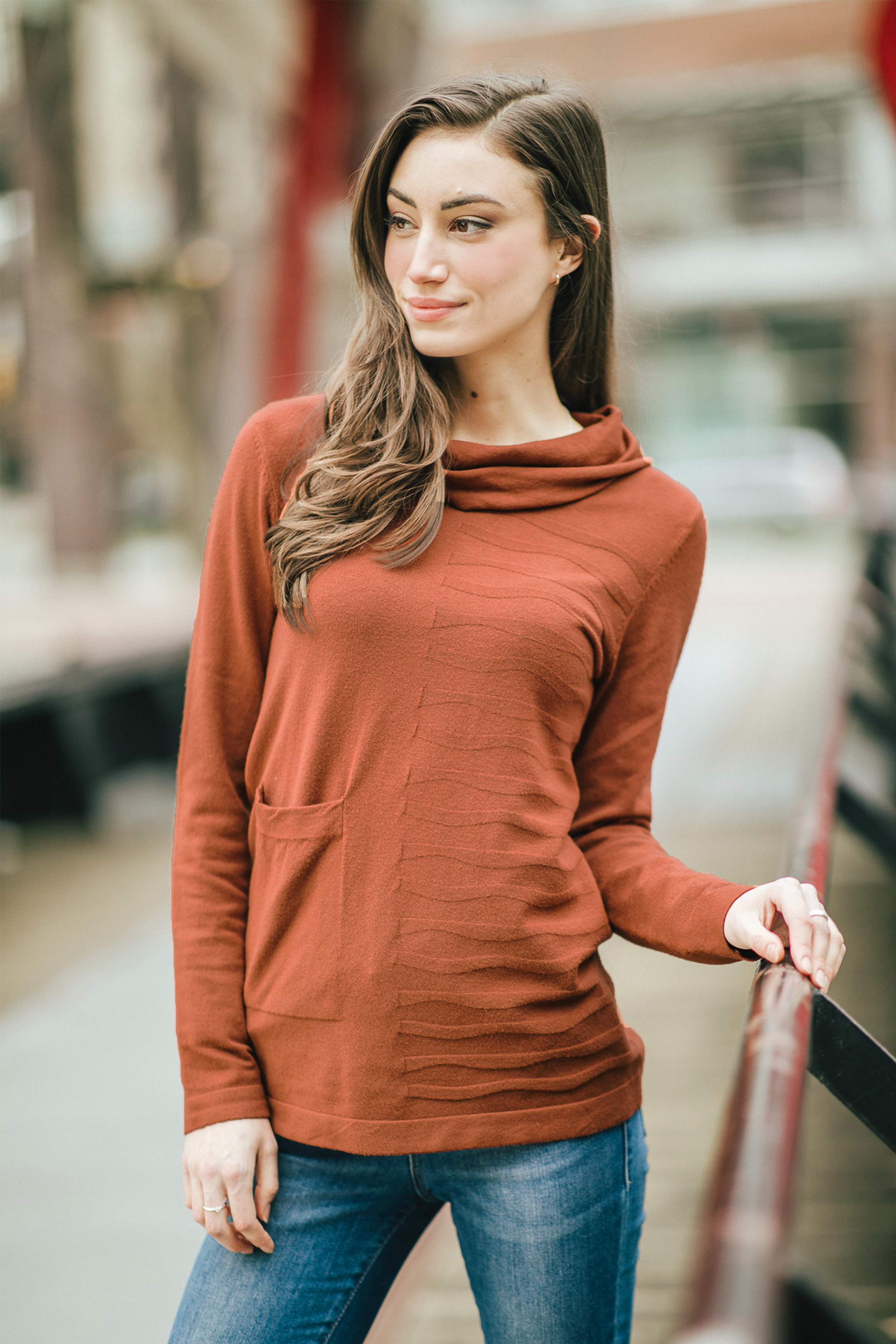 RUST Knit Cowl Neck Sweater w Horizontal Rib Detail