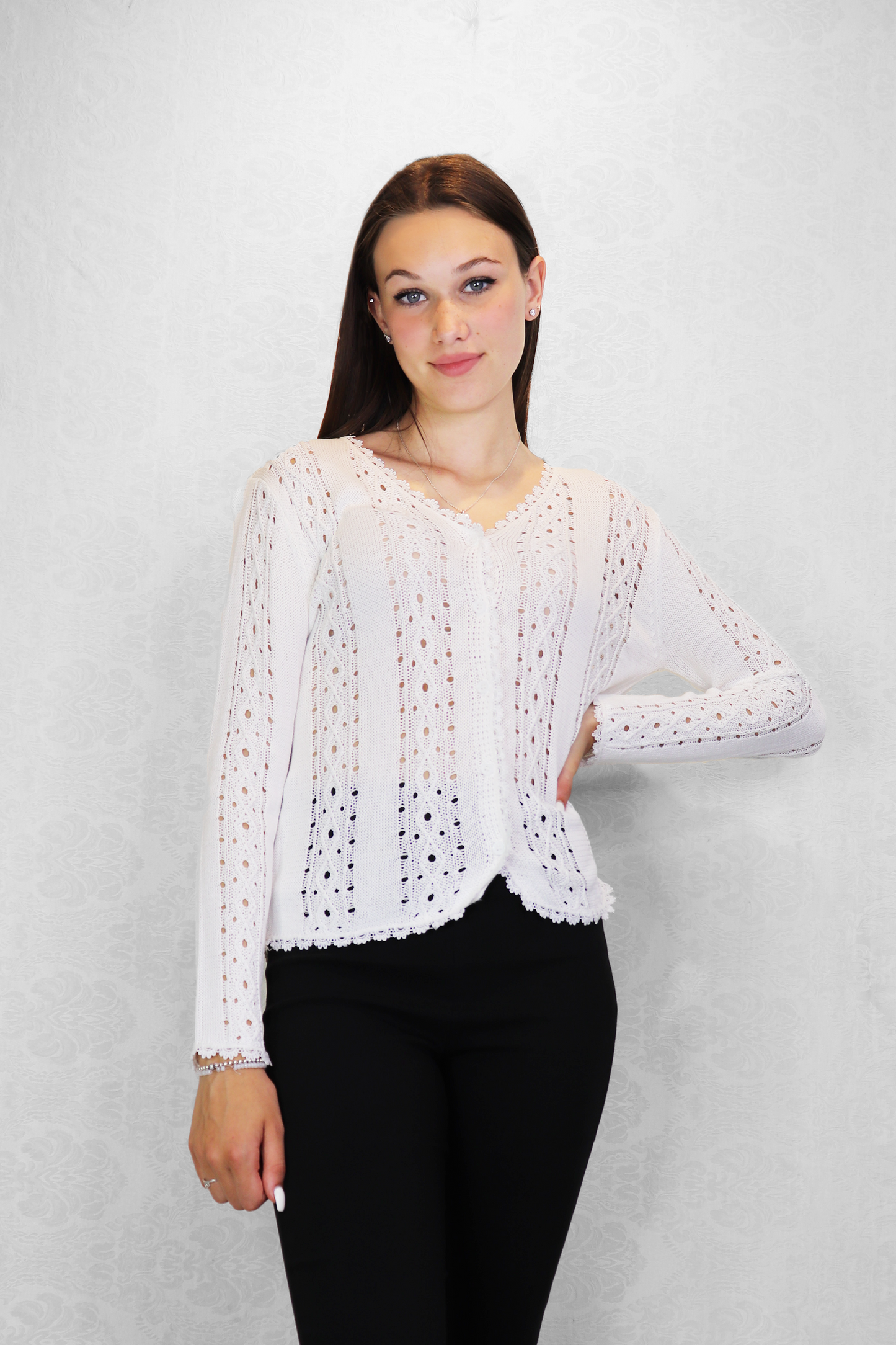 WHITE Crochet Knit Button Front Cardigan