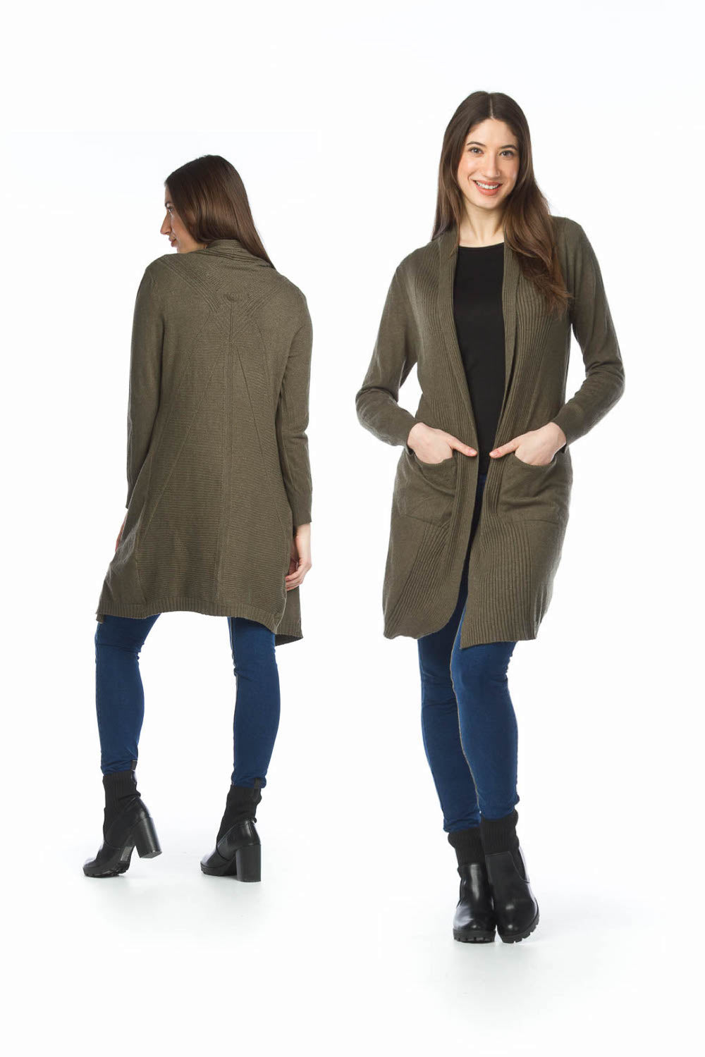 KHAKI Ribbed Pointelle Cardigan with Pockets