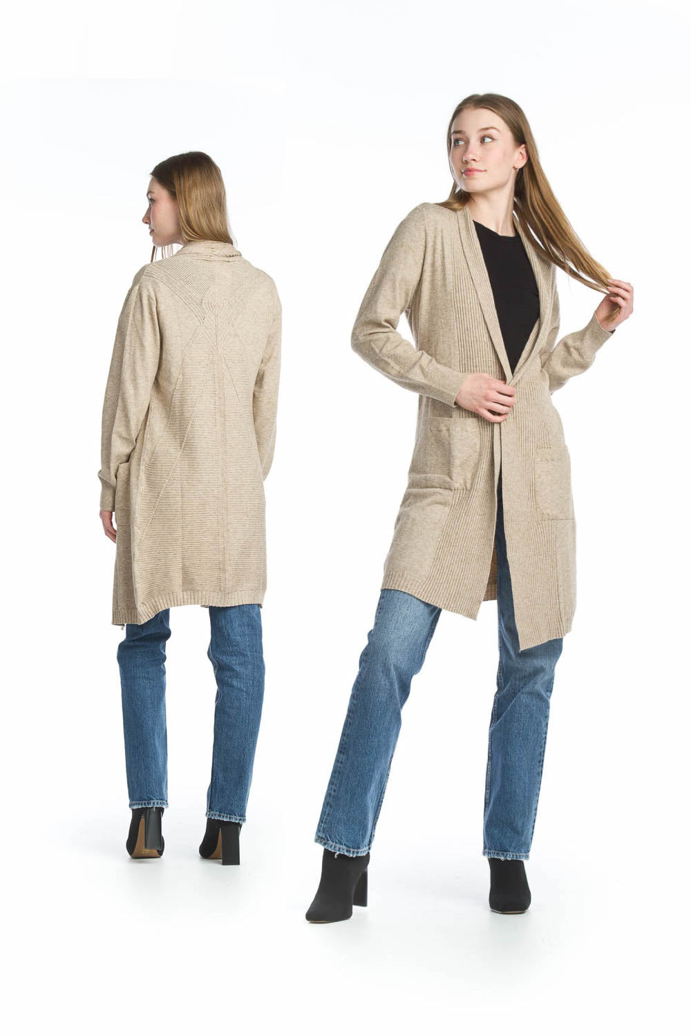 TAUPE Ribbed Pointelle Cardigan with Pockets