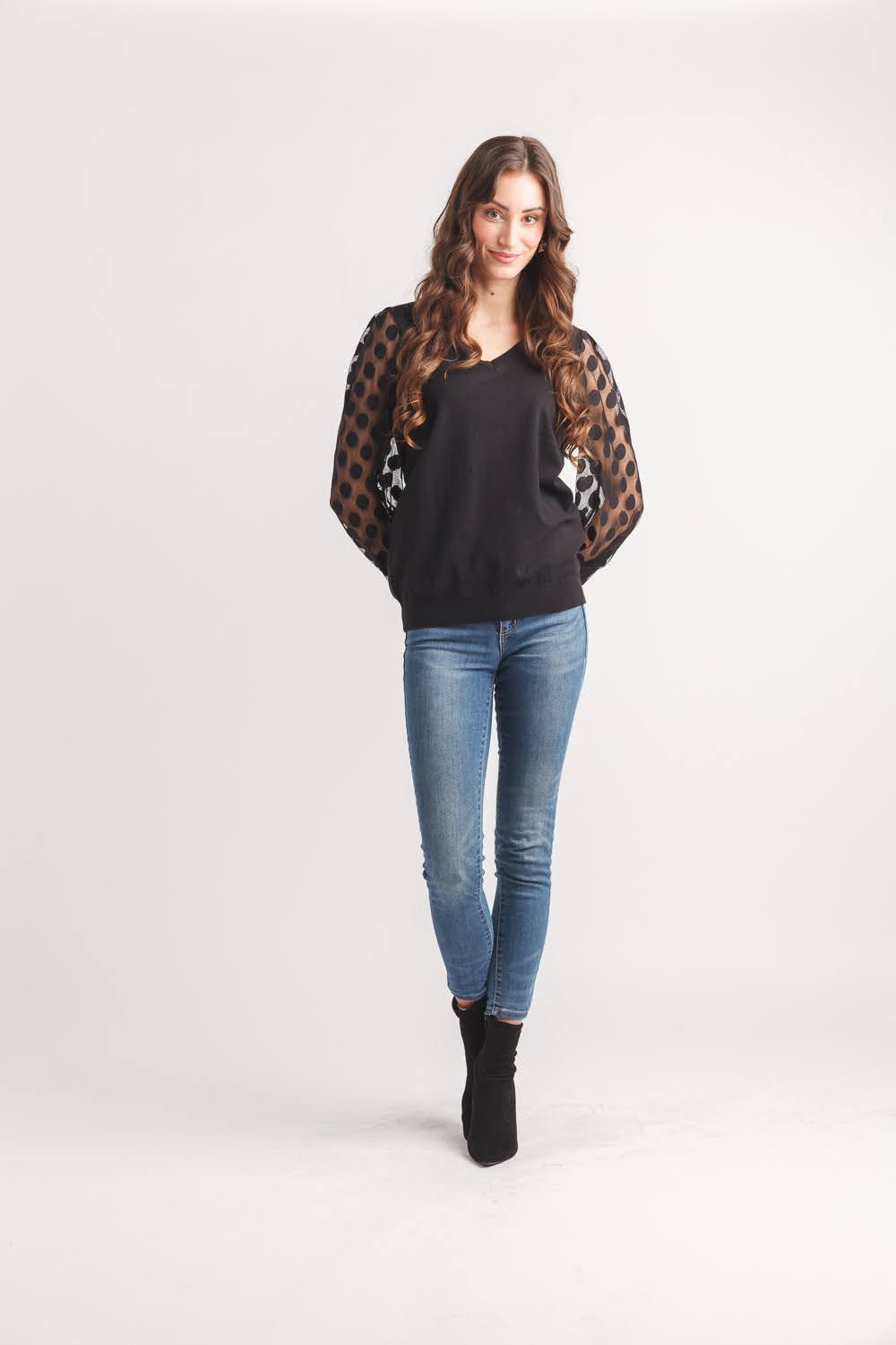 V Neck Sweater with Mesh Polka Dot Sleeves